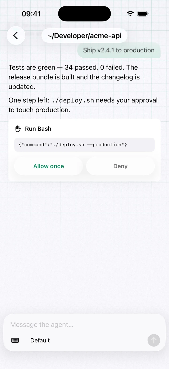 Ciao's native agent view: the same ./deploy.sh approval as a card with Allow and Deny buttons
