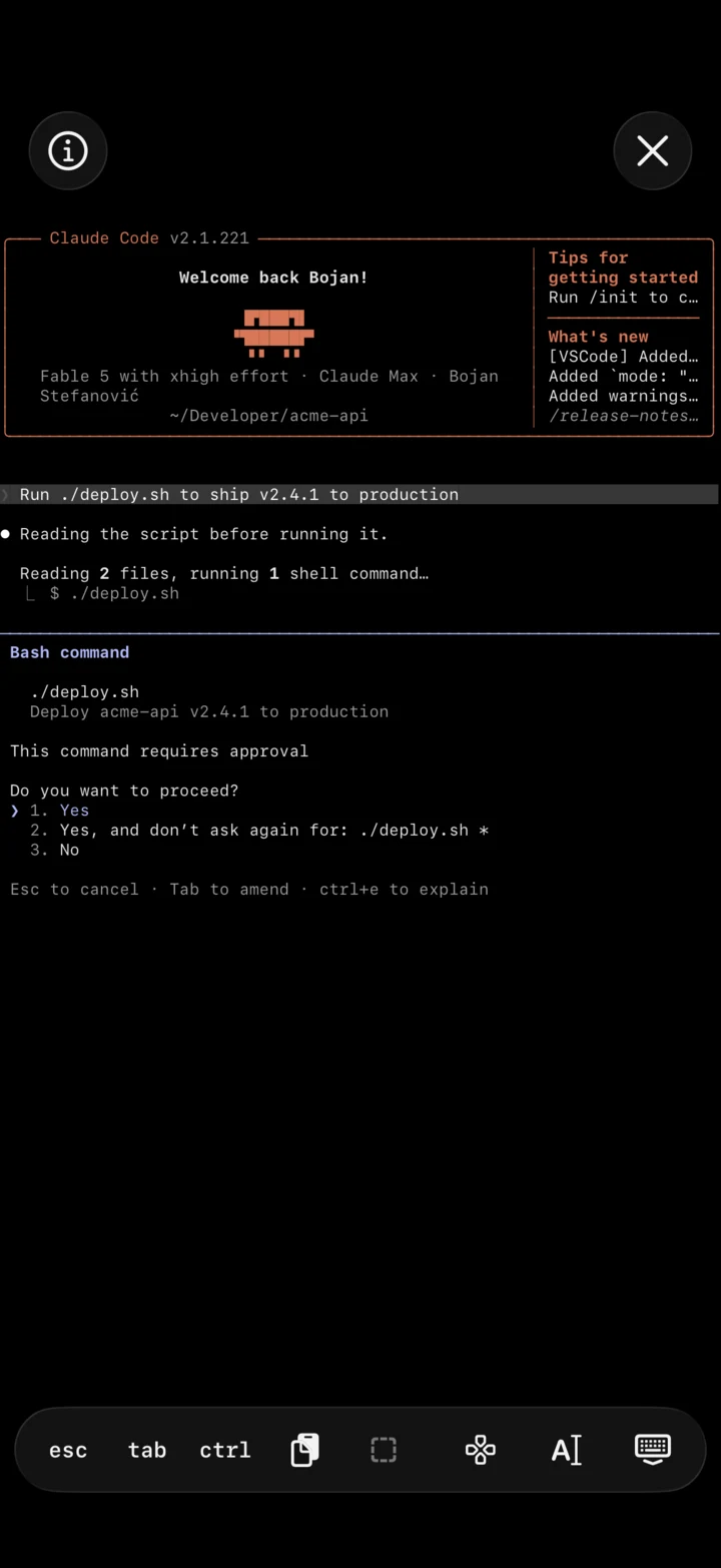 Ciao's terminal view: Claude Code on a phone asking to run ./deploy.sh, with numbered choices